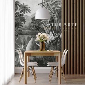 Carta da parati foresta tropicale vintage decorazione murale botanica bianco e nero