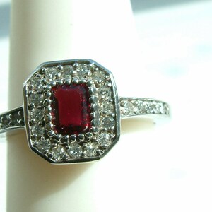 Ruby Ring emerald cut  with diamonds, .75 ctw  solid 14k white gold - Free Shipping