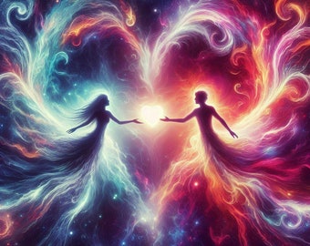 May include: Two figures, one in blue and one in red, stand facing each other in a swirling galaxy of stars and nebulae. They are reaching towards each other, holding a glowing orb in the center of the image.