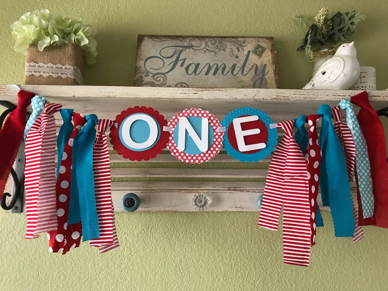 Red and Aqua blue first birthday party decorations highchair banner rag garland cake smash photo prop