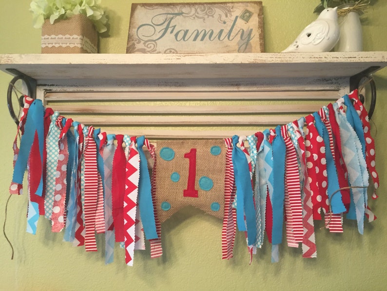 Red and Aqua blue first birthday party decorations highchair banner rag garland cake smash photo prop