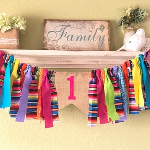 Girls Fiesta first birthday party banner First fiesta party decorations Uno taco Rag Garland Banner Highchair Banner cake smash photo prop