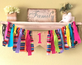 Girls Fiesta first birthday party banner First fiesta party decorations Uno taco Rag Garland Banner Highchair Banner cake smash photo prop