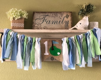 Golf Theme Rag Garland Banner Highchair Banner -  Green blue first birthday Golf theme party decorations fore par-tee cake smash photo