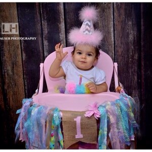 Les filles premier anniversaire chaise haute bannière Rag guirlande bannière - rose Aqua hiver Onederland gâteau smash de photographie