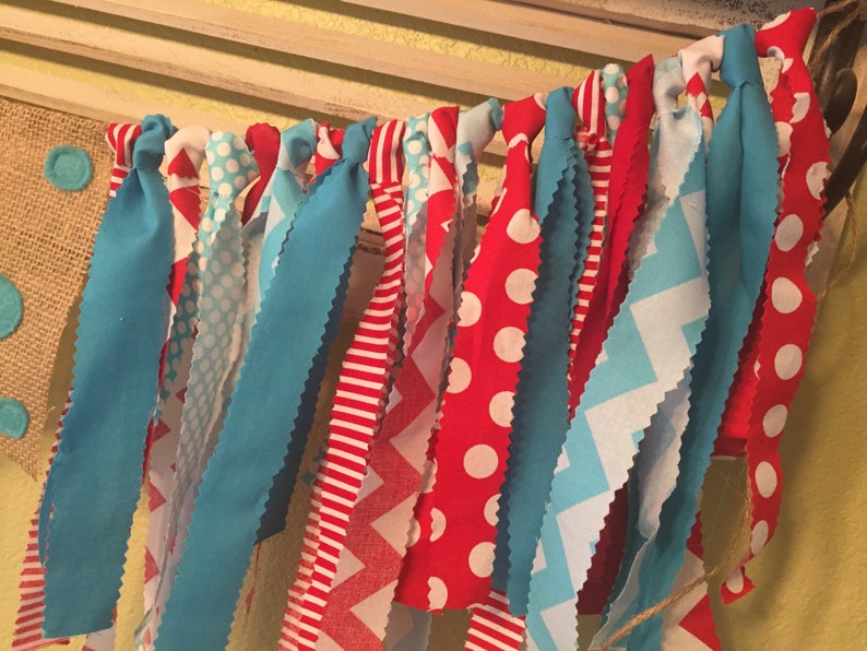 Red and Aqua blue first birthday party decorations highchair banner rag garland cake smash photo prop