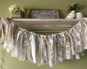 Country Wedding garland Ivory White Lace Burlap Wedding Banner Rustic garland Rag Garland Shower Banner Baptism Party Decor photo prop
