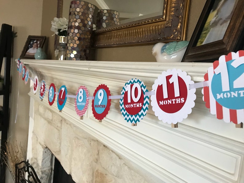 Red and Aqua blue first birthday party decorations highchair banner rag garland cake smash photo prop