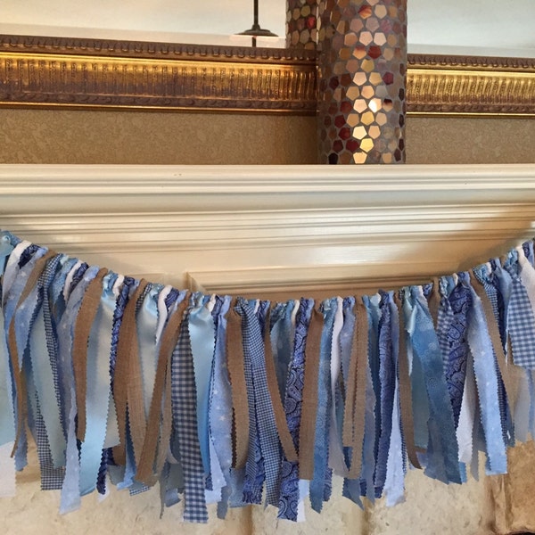 Boys birthday banner rustic Rag Garland Banner boys Highchair Banner Blue White Burlap Country Wedding Shower paisley denim cake smash