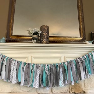Boys baby shower banner Mint Gray White garland Banner Rag Garland Baby shower Highchair Banner -  Shabby chic decor wedding decor boho