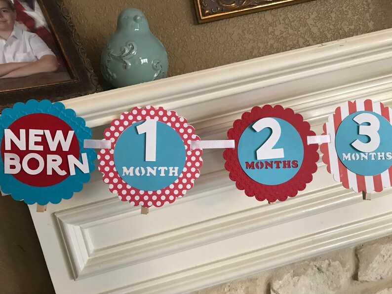 Red and Aqua blue first birthday party decorations highchair banner rag garland cake smash photo prop