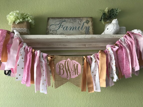 Monogram Nursery Decor Pink Gold Party Banner Shower Decorations Rag Garland Banner Highchair Banner First Birthday Decorations Cake Smash