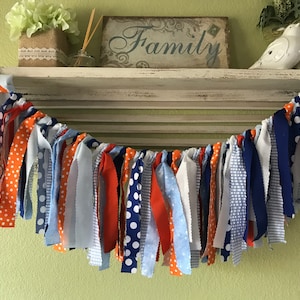 Baby boy shower banner Orange Blue White garland Banner Rag Garland Baby shower Highchair Banner Shabby chic decor wedding decor cake smash