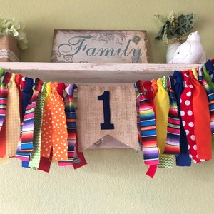 Boys Fiesta first birthday party banner First fiesta party decorations Uno taco Rag Garland Banner Highchair Banner cake smash photo prop