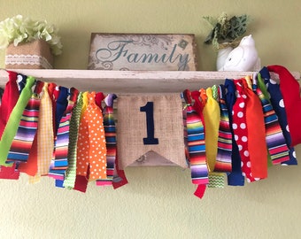 Boys Fiesta first birthday party banner First fiesta party decorations Uno taco Rag Garland Banner Highchair Banner cake smash photo prop