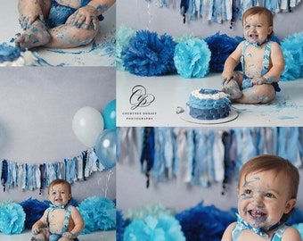 Boys baby shower banner birthday banner highchair banner wedding decor photo prop cake smash blue gray party decorations rag garland