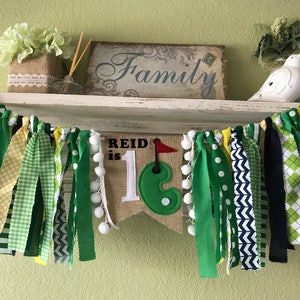 Golf Theme Rag Garland Banner Highchair Banner -  Green Navy Blue first birthday Golf theme party decorations name banner Wedding Shower