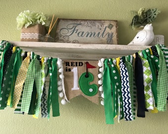 Golf Theme Rag Garland Banner Highchair Banner -  Green Navy Blue first birthday Golf theme party decorations name banner Wedding Shower