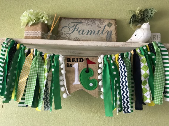 Golf Theme Rag Garland Banner Highchair Banner -  Green Navy Blue first birthday Golf theme party decorations name banner Wedding Shower