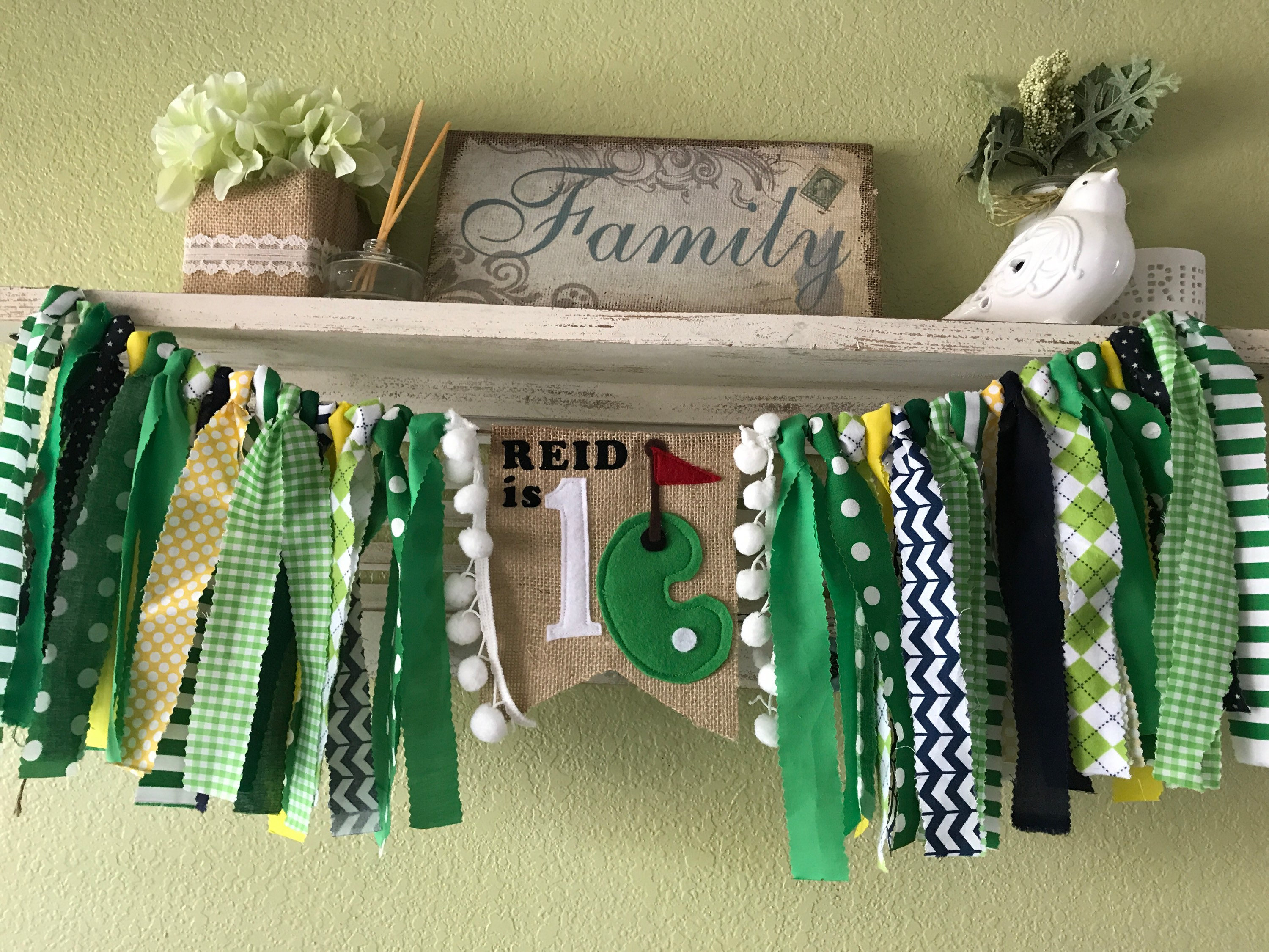 Golf Theme Rag Garland Banner Highchair Banner -  Green Navy Blue first birthday Golf theme party decorations name banner Wedding Shower