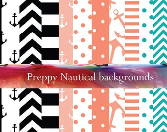 Preppy Nautical Digital Background Teal Coral Black Chevron Polka Dots Anchors stripes JPEG Files (12 high resolution backgrounds)