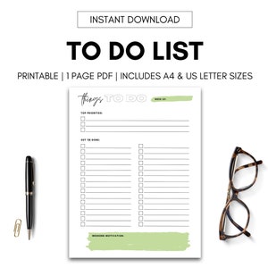 To Do List Printable, Green | Instant Download | A4 & US Letter Size PDF