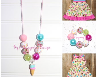 Ice Cream Party Cord Necklace-M2M Eleanor Rose-Pink Turquoise Green-Double Scoop-Ice Cream Cone Necklace-Baby-Toddler-Girls-Women
