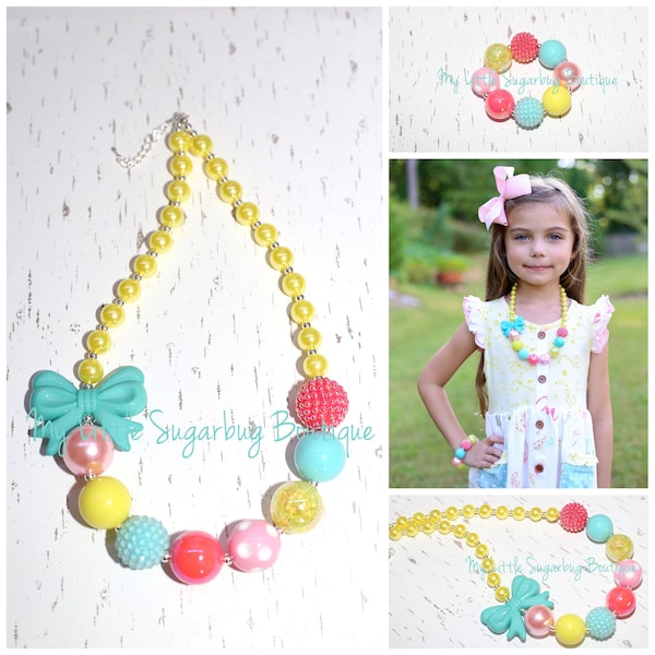 Alphabet Garden Chunky Necklace-M2M Zoe Addelyn-Pink Turquoise Yellow Coral-Back to School-Bubblegum Necklace-Baby-Toddler-Girls-Women