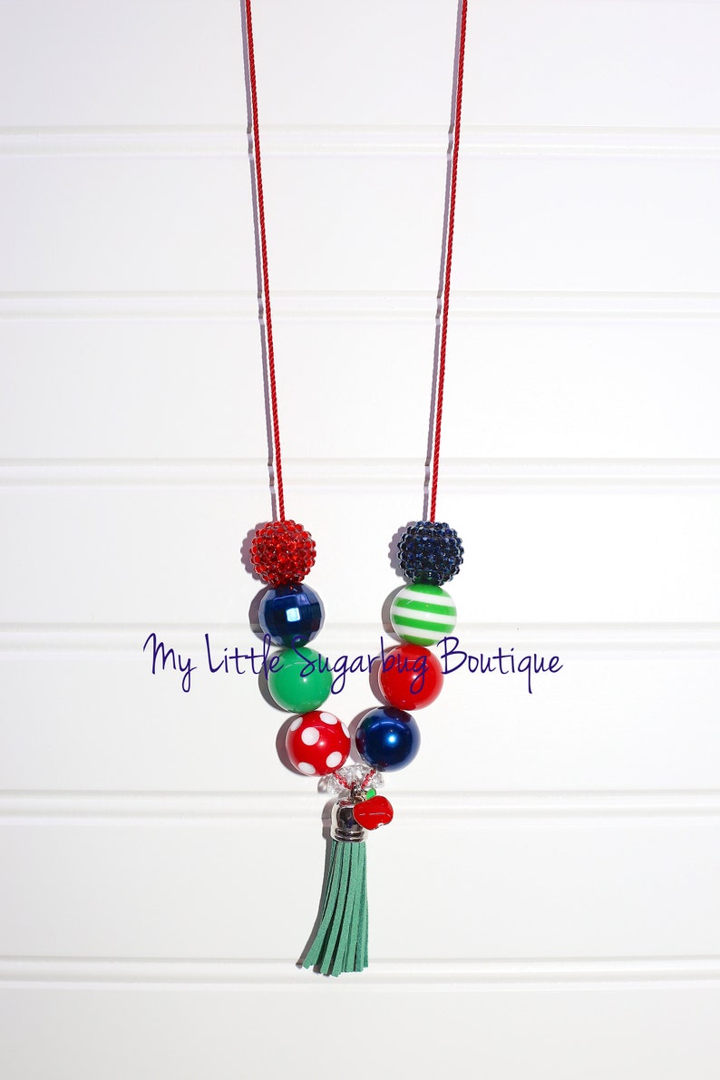 Schoolyard Fun Tassel Necklace-Red Blue Green-M2M Eleanor Rose-Back to School Tassel-Apple Tassel-Baby-Toddler-Girls