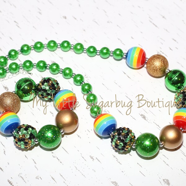 Pot of Gold Chunky Necklace-St Patricks Day Necklace-Green and Gold-Rainbow Necklace-Bubblegum Necklace-Baby-Toddler-Girls-Women