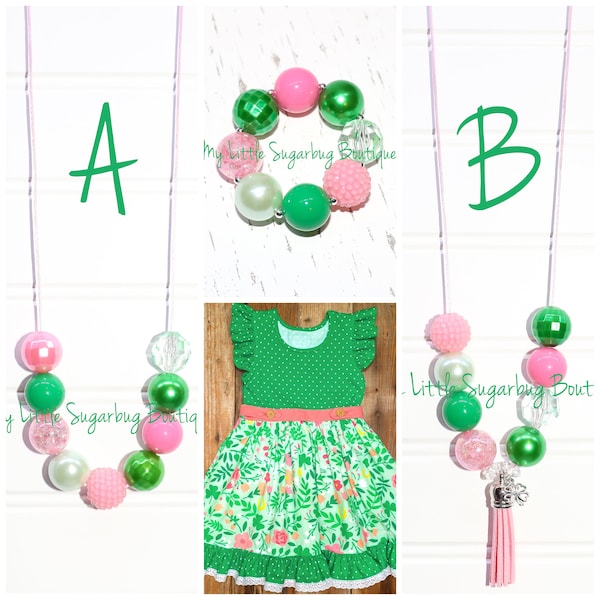 Glücksbringer Halskette-Kordel oder Quaste-St. Patricks Day Halskette-Grün und Rosa-M2M Eleanor Rose-Baby-Kleinkind-Mädchen-Frauen