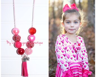 Pink Ombre Tassel Necklace-Valentine Necklace-Red and Pink Necklace-Heart Tassel Necklace-Baby-Toddler-Girls-Women