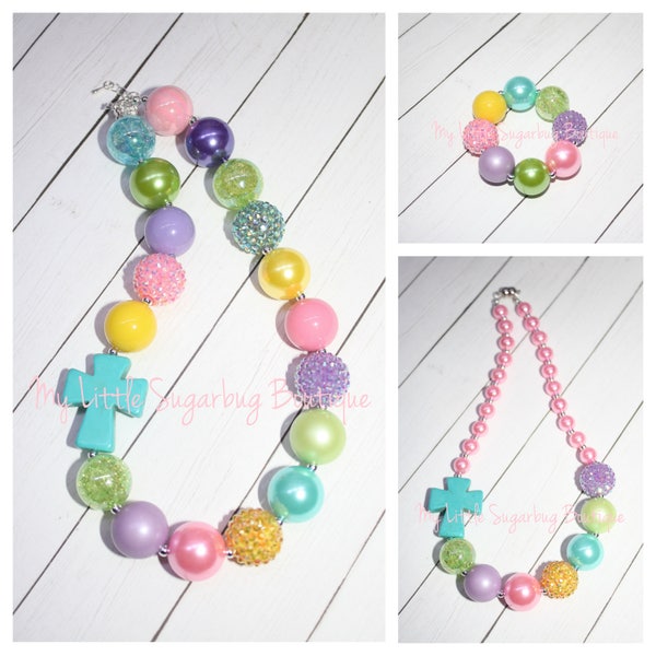 Easter Cross Chunky Necklace-Easter Chunky Necklace-Cross Necklace-Bubblegum Necklace-Baby-Toddler-Girls