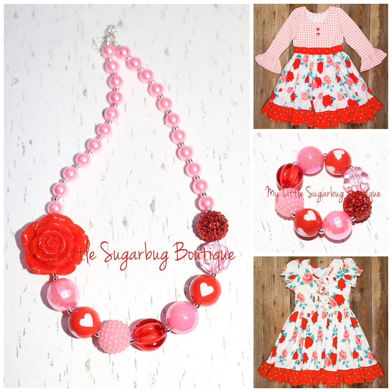 Roses Are Red Chunky Necklace-Valentines Necklace-Red and Pink Necklace-M2M Eleanor Rose-Bubblegum Necklace-Baby-Toddler-Girls-Women