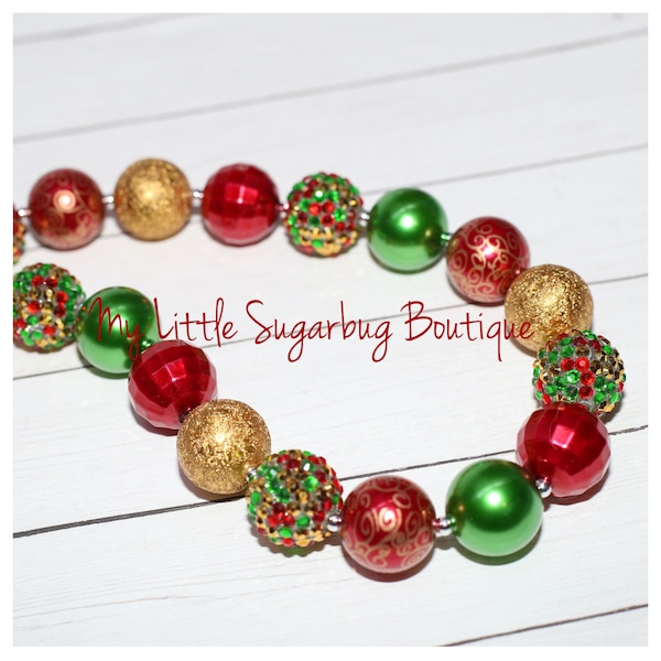 The Christmas Spirit Chunky Necklace-Christmas Necklace-Red Green Gold-Bubblegum Necklace-Baby-Toddler-Girls-Women