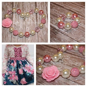 Flora Chunky Necklace-Pink-Cream Pearls-Valentines-Bubblegum Necklace-Baby-Toddler-Girls-Women