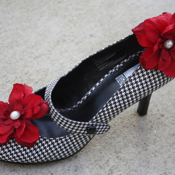 Dark Red Flower Shoe Clips-Toddler Flower Shoe Clips-Women/Bridal Flower Shoe Clips-Dark Red/Pearl