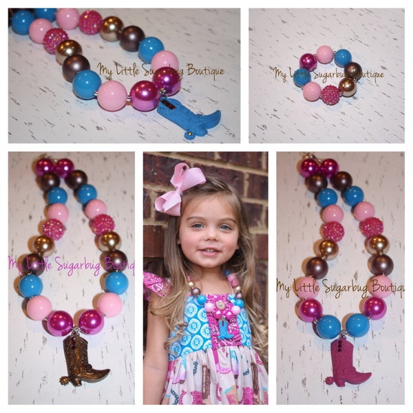 County Fair Chunky Necklace-M2M Eleanor Rose-Pink Blue Brown-Western Necklace-Boot Necklace-Bubblegum Necklace-Baby-Toddler-Girls-Women