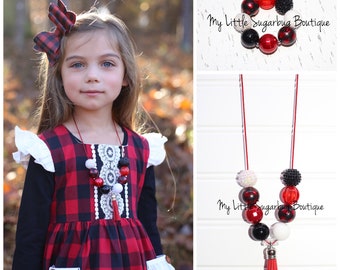 Checking it Twice Tassel Necklace-Red and Black Tassel-M2M Zoe Addelyn-Buffalo Check-Plaid-Baby-Toddler-Girls-Women