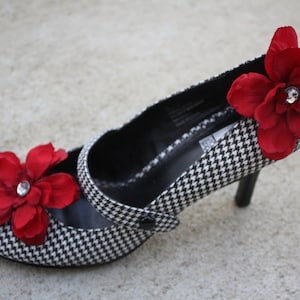Dark Red Flower Shoe Clips-Toddler Flower Shoe Clips-Women/Bridal Flower Shoe Clips-Dark Red/Rhinestone