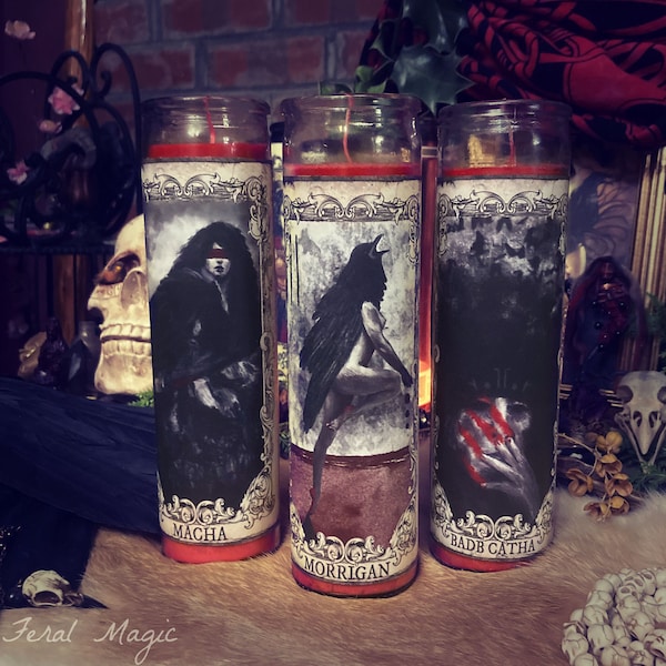 Goddess Morrigan Ritual Altar Candle 3 PC Set - Morrigan, Badb, Macha Glass Pillar Candles with original art by Feral Magic