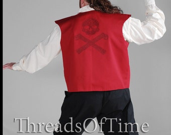 Men's Pirate Short Vest, handmade with Skull and Crossbones Knotwork embroidery