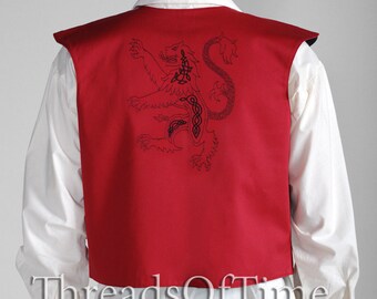 Short Vest, handmade with Celtic knotwork Rampant Lion Embroidery for Faire, LARP or Scottish Highland Games.