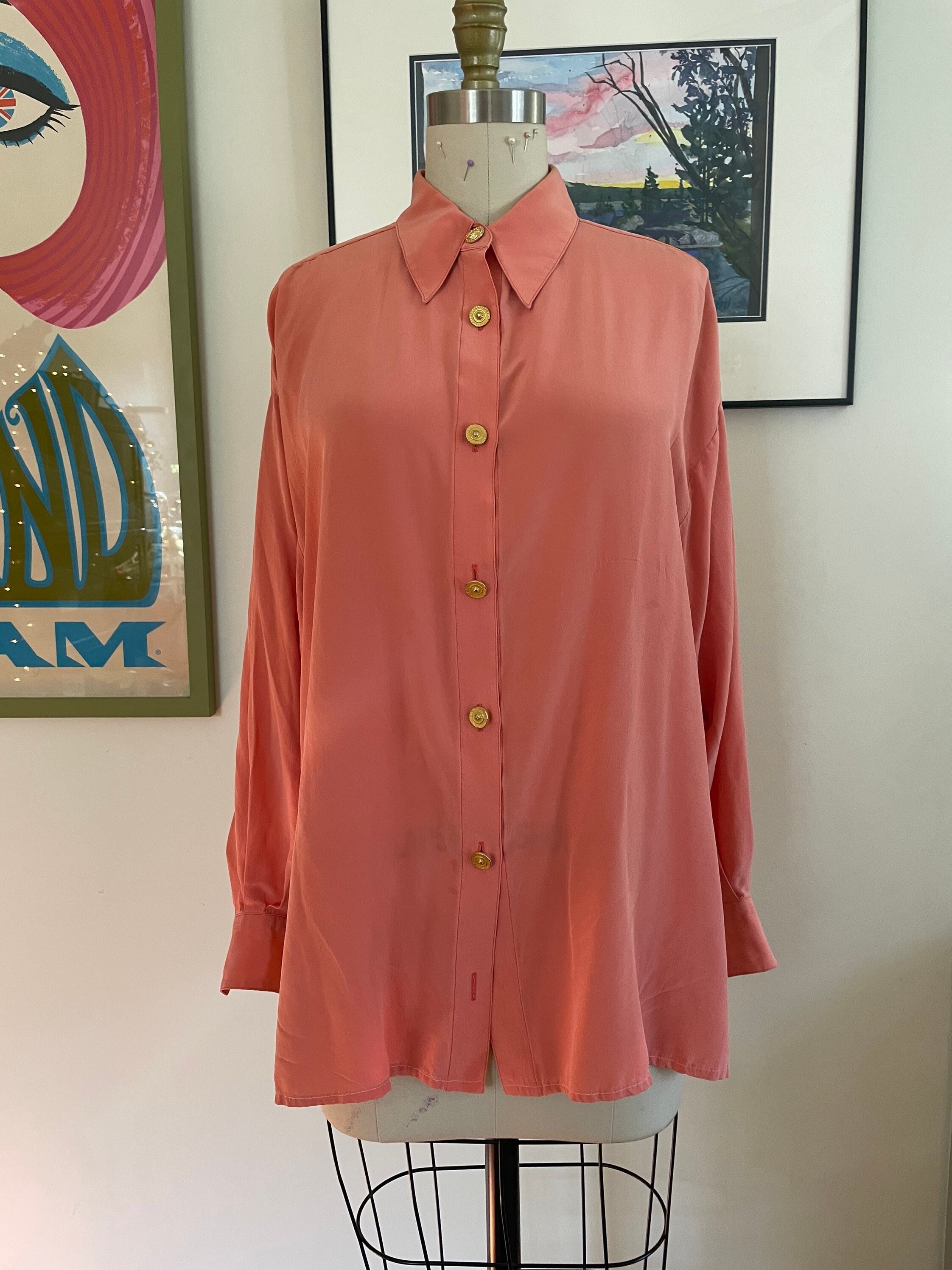 Salmon Pink Silk Button Down Long 