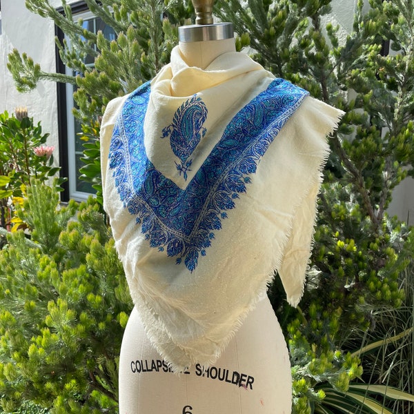 cream wool scarf with intricate blue paisley and floral embroidery 38 inch square
