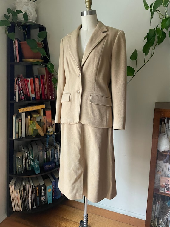 SMALL Camel wool vintage skirt suit waist 27 inch
