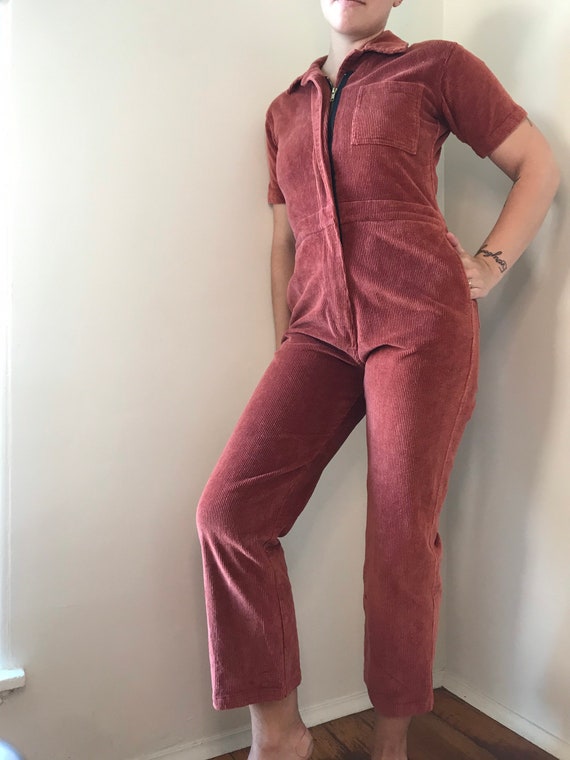 rust corduroy short sleeve contemporary jumpsuit/b