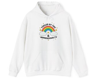 Fueled by THC & Homosexuality Hoodie | Rainbow Cloud Graphic