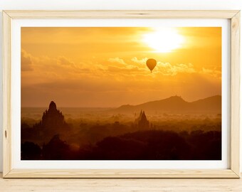 Hot Air Balloon Over Temples Photography Print, Old Bagan Temple Fine Art, Sunrise, Burma, Myanmar, Silhouette Photo, Asia Landscape