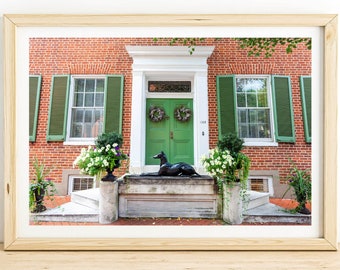 Fredericksburg Colonial House Print, Green Door, Dog Statue